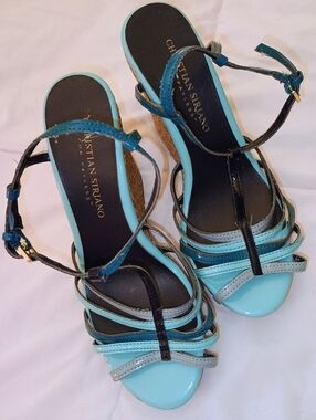Christian Siriano Turquoise & Grey Multi-Strap Wedge Platform Sandals